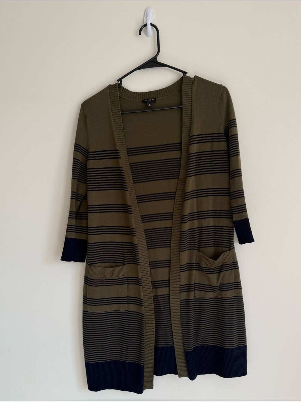 Talbots Olive and Black Striped Open-Front Cardigan